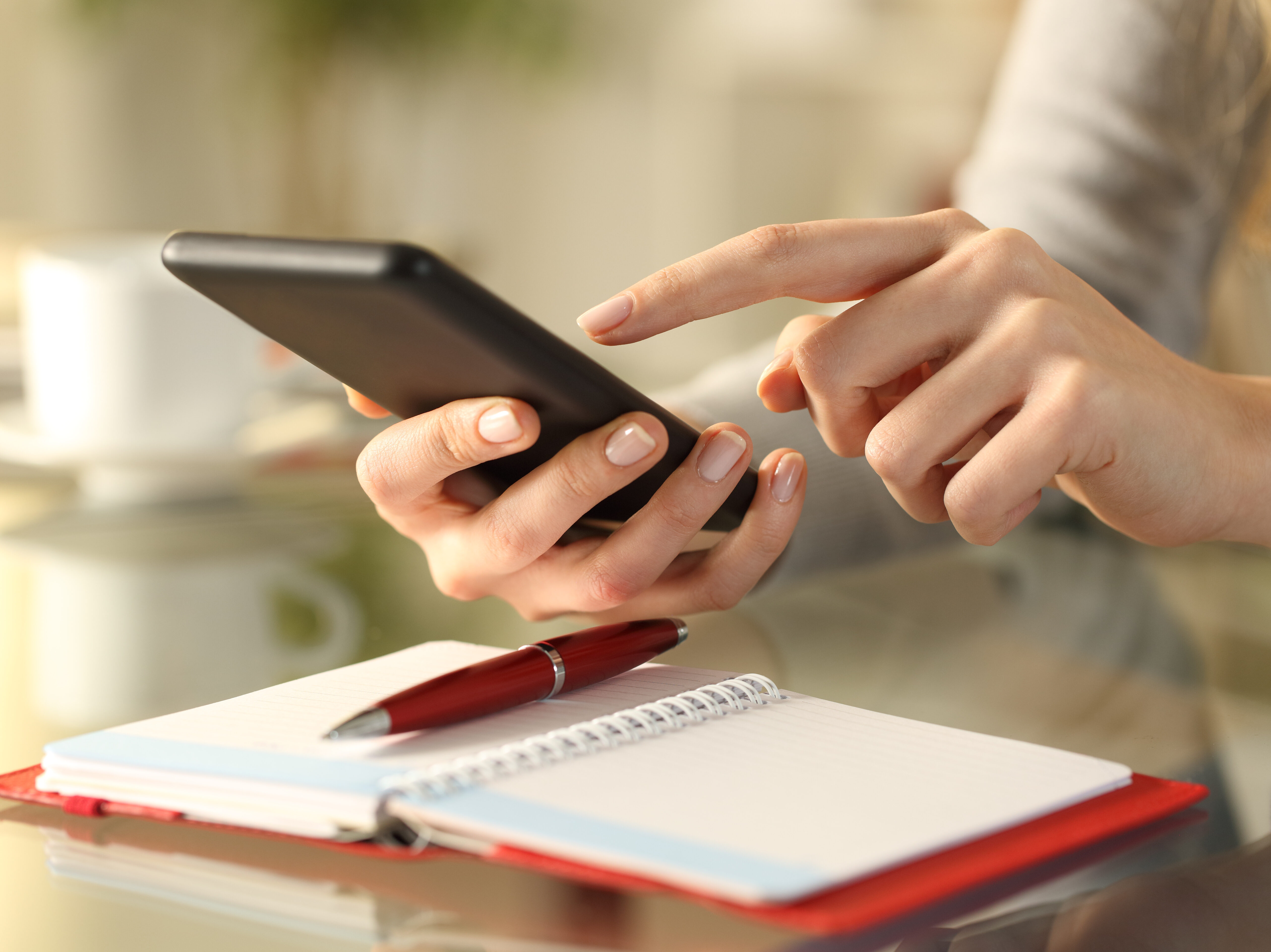 Woman checking phone with agenda over the table